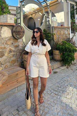 Gelysa Taş Rengi Beli Lastikli Düğme ve Fermuar Detaylı Tulum