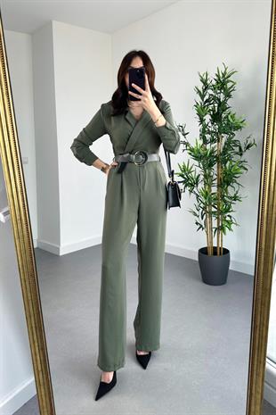 Haki Kruvaze Yaka Kemer Detaylı Tulum
