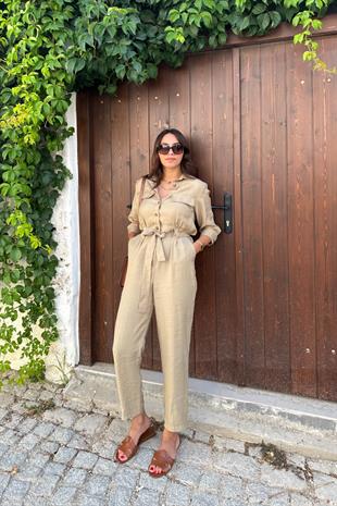 ZR Huston Bej Düğme ve Kemer Detaylı Tulum