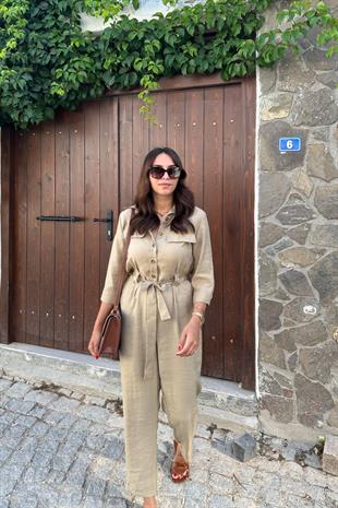 ZR Huston Bej Düğme ve Kemer Detaylı Tulum