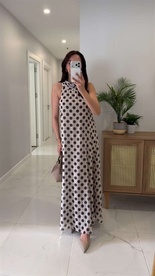 Tunres Bej Puantiyeli Astarlı Elbise