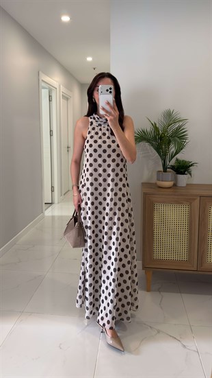 Tunres Bej Puantiyeli Astarlı Elbise