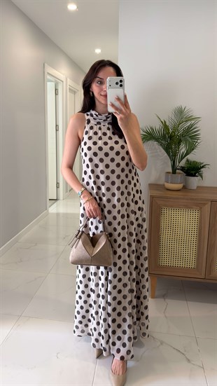 Tunres Bej Puantiyeli Astarlı Elbise