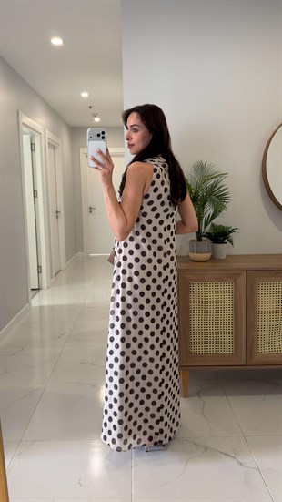 Tunres Bej Puantiyeli Astarlı Elbise