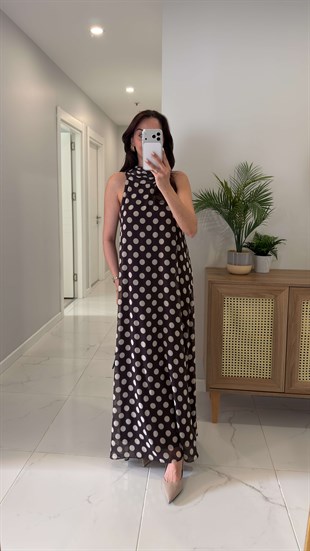 Tunres Kahve Puantiyeli Astarlı Elbise