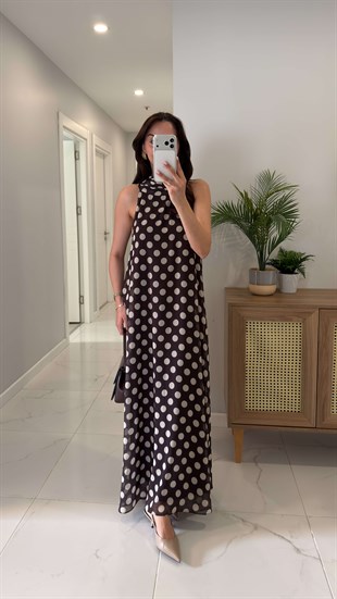 Tunres Kahve Puantiyeli Astarlı Elbise