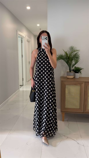 Tunres Siyah Puantiyeli Astarlı Elbise