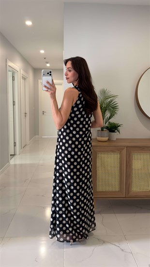 Tunres Siyah Puantiyeli Astarlı Elbise