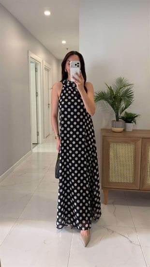 Tunres Siyah Puantiyeli Astarlı Elbise