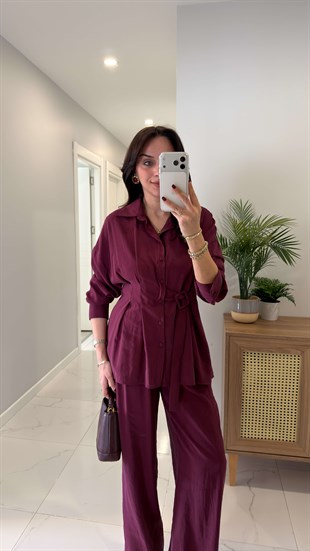 Turno Bordo Asimetrik Kesim Kemerli Gömlek Pantolon Takım