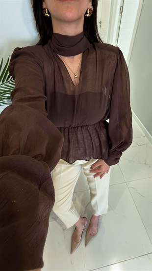 Ugsew Kahve Vatkalı Tül Bluz