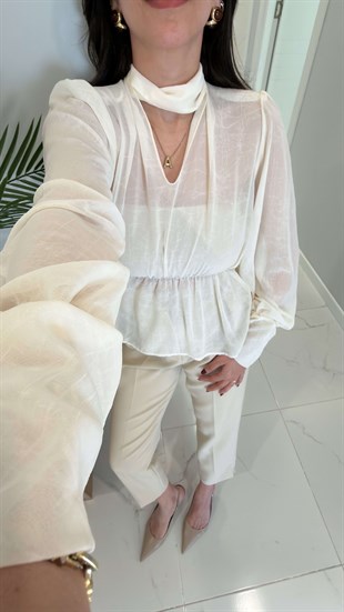 Ugsew Krem Vatkalı Tül Bluz