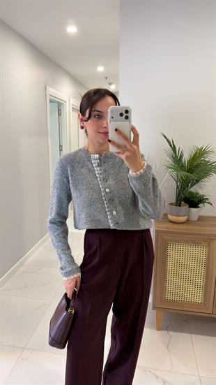 Ulla Gri Dantel Detaylı Hırka