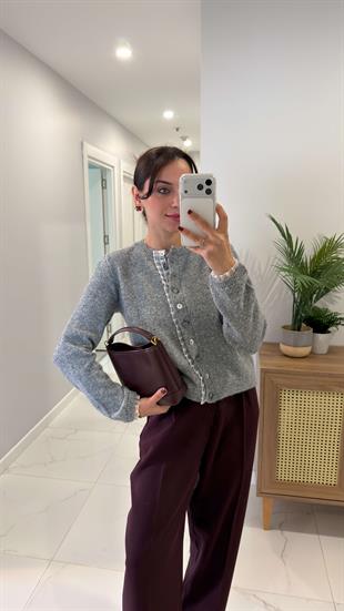 Ulla Gri Dantel Detaylı Hırka