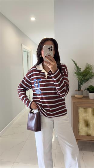 Unna Bej Kahve Çizgili Polo Yaka Sweat