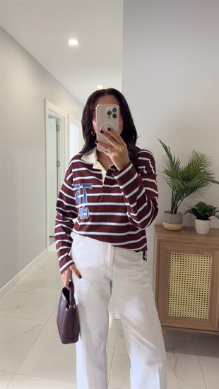 Unna Bej Kahve Çizgili Polo Yaka Sweat