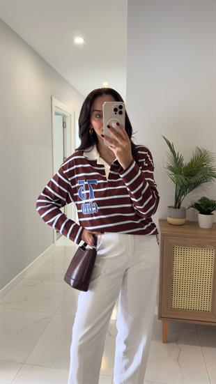 Unna Bej Kahve Çizgili Polo Yaka Sweat