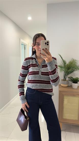 Uste Antrasit Bordo Polo Yaka Çizgili Triko