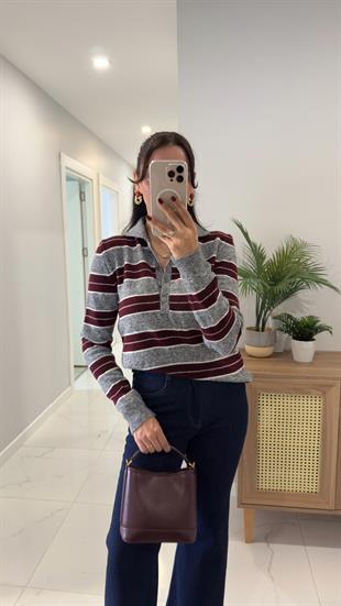 Uste Antrasit Bordo Polo Yaka Çizgili Triko