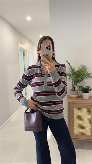 Uste Antrasit Bordo Polo Yaka Çizgili Triko