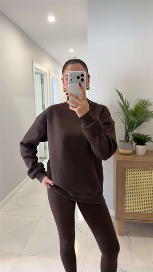 Valeria Kahve Oversize Basic Sweatshirt