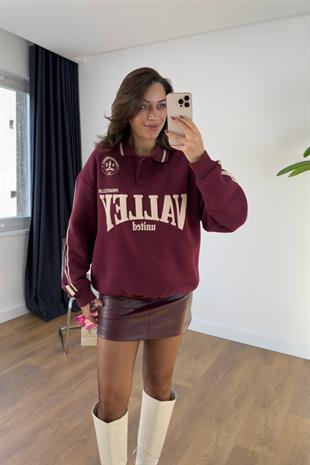 Valley Bordo Ekru Yazı Detaylı Polo Yaka Sweatshirt