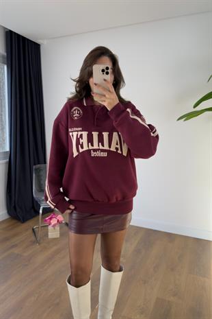Valley Bordo Ekru Yazı Detaylı Polo Yaka Sweatshirt