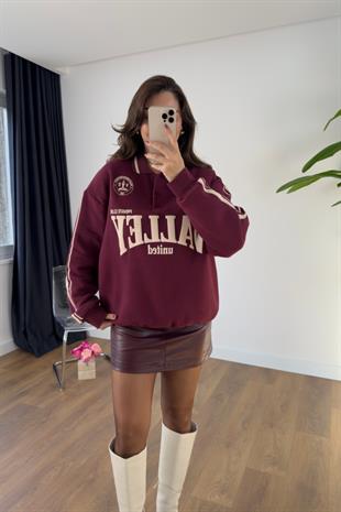 Valley Bordo Ekru Yazı Detaylı Polo Yaka Sweatshirt