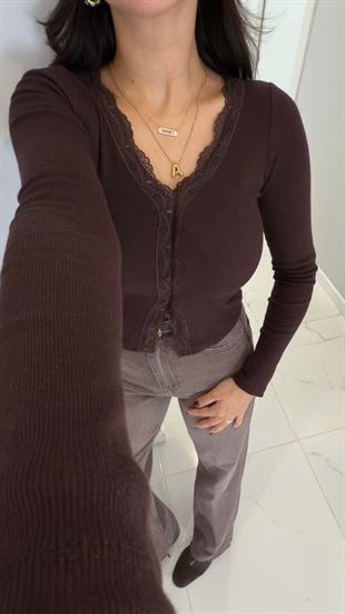 Velori Kahve Dantel Detaylı Fitilli Bluz