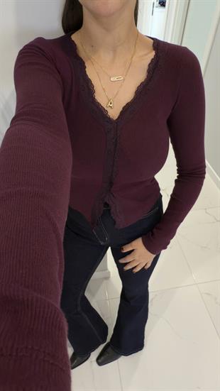 Velori Mürdüm Dantel Detaylı Fitilli Bluz