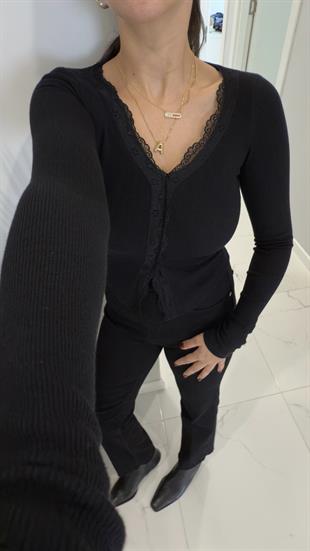 Velori Siyah Dantel Detaylı Fitilli Bluz