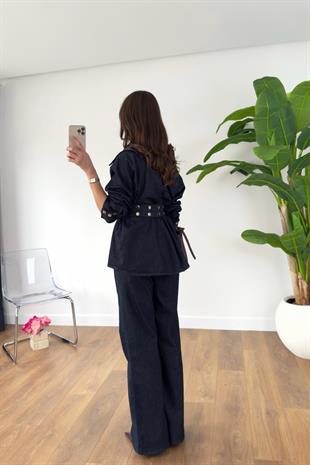 Venisa Dark Blue Asimetrik Yaka Kemerli Denim Takım