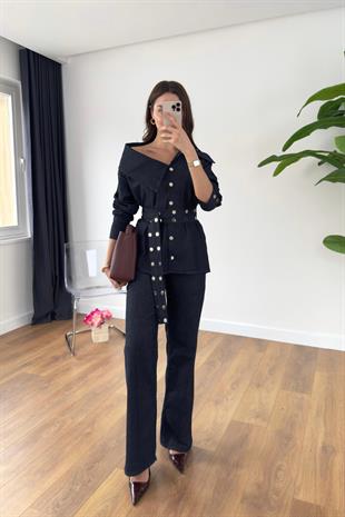 Venisa Dark Blue Asimetrik Yaka Kemerli Denim Takım