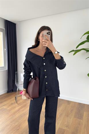 Venisa Dark Blue Asimetrik Yaka Kemerli Denim Takım