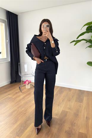 Venisa Dark Blue Asimetrik Yaka Kemerli Denim Takım