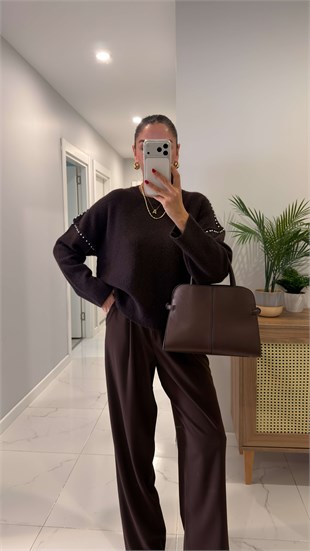 Verda Kahve Drop Detaylı Triko