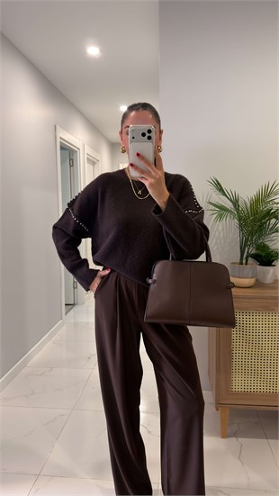 Verda Kahve Drop Detaylı Triko
