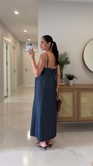 Verris Lacivert Taş Detaylı Askılı Tensel Denim Elbise