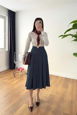 Vessa Lacivert Denim Pileli Maxi Boy Etek