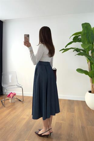 Vessa Lacivert Denim Pileli Maxi Boy Etek