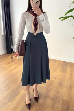 Vessa Lacivert Denim Pileli Maxi Boy Etek