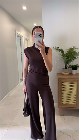 Veyta Kahve Örme Omuz Beli Pile Detaylı Bluz Pantolon Takım