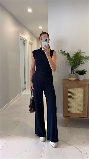Veyta Lacivert Örme Omuz Beli Pile Detaylı Bluz Pantolon Takım