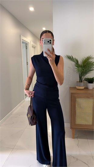 Veyta Lacivert Örme Omuz Beli Pile Detaylı Bluz Pantolon Takım