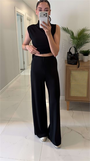Veyta Siyah Örme Omuz Beli Pile Detaylı Bluz Pantolon Takım