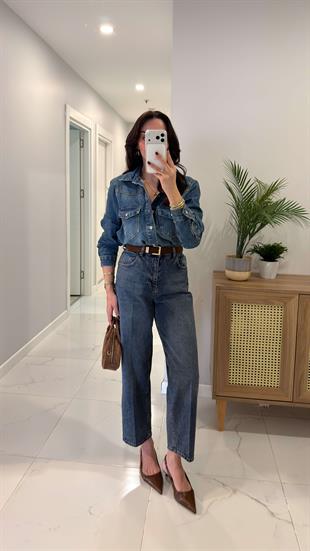 Vinda Koyu Kar Yıkama Tint Kemerli Baggy Jean