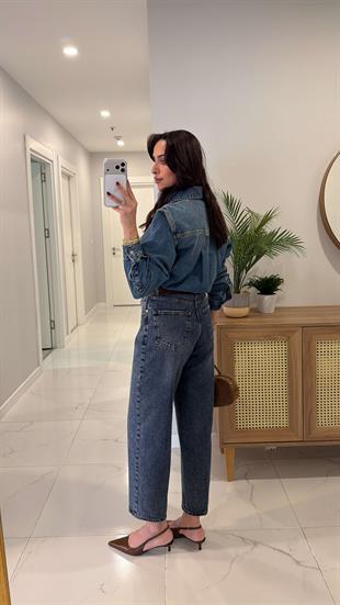 Vinda Koyu Kar Yıkama Tint Kemerli Baggy Jean