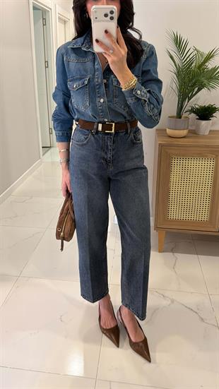 Vinda Koyu Kar Yıkama Tint Kemerli Baggy Jean