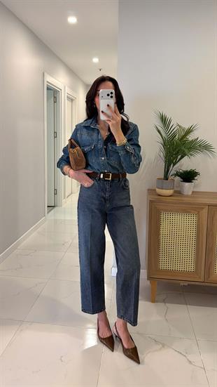 Vinda Koyu Kar Yıkama Tint Kemerli Baggy Jean