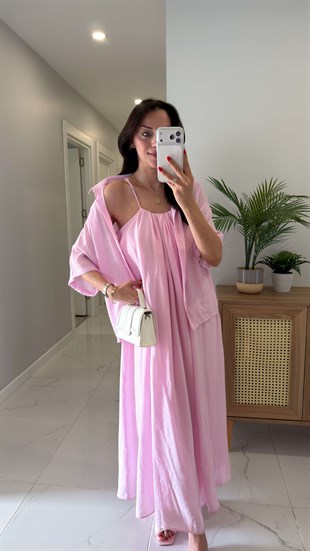 Vindas Pembe Büzgü Detaylı Gömlek Elbise Takım